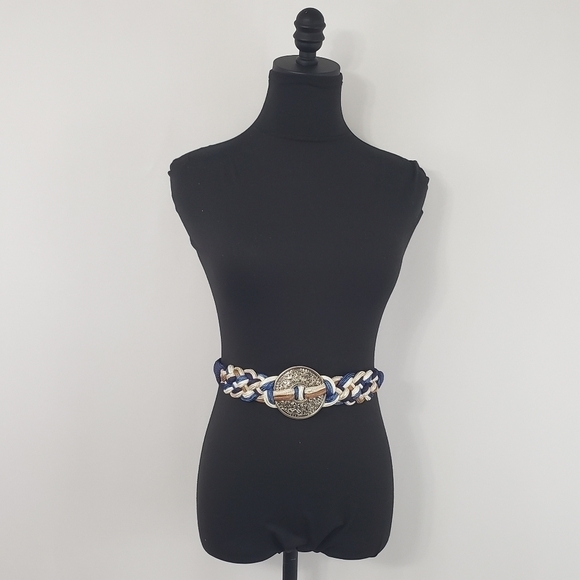 Vintage 80s Made in Taiwan Blue and White Belt size Small/Medium Retro - Picture 4 of 10